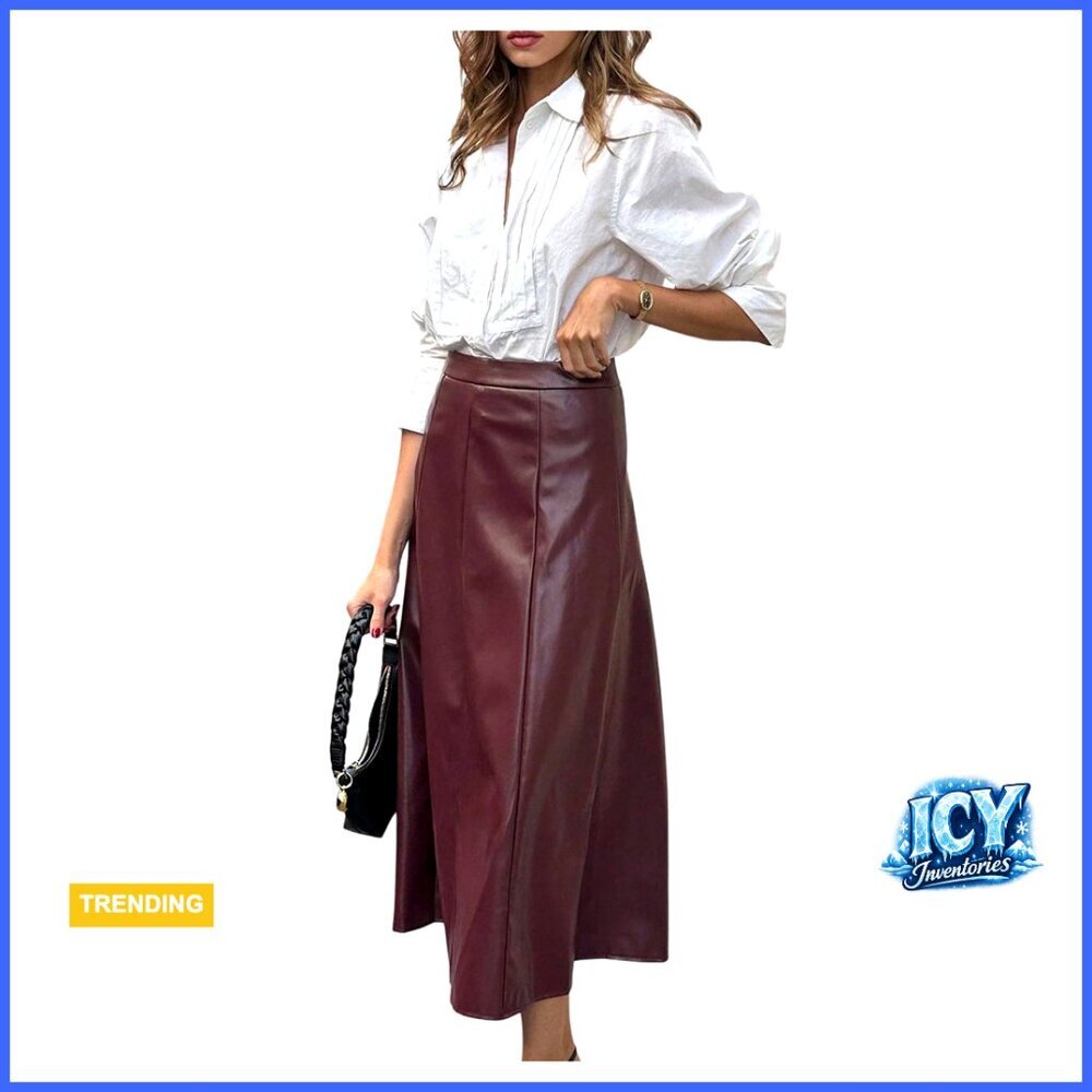Faux Leather Maxi Skirt High Waisted Flared A-Line Long Skirt